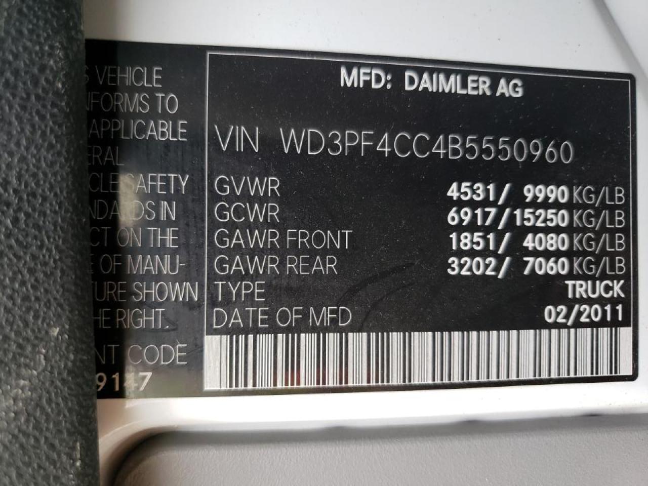 Photo 10 from auction – 2011 MERCEDES-BENZ SPRINTER 3 with VIN WD3PF4CC4B5550960
