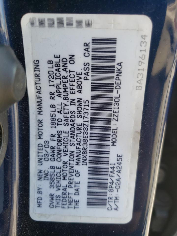 Photo 10 from auction – 2003 TOYOTA COROLLA CE with VIN 1NXBR38E33Z173715