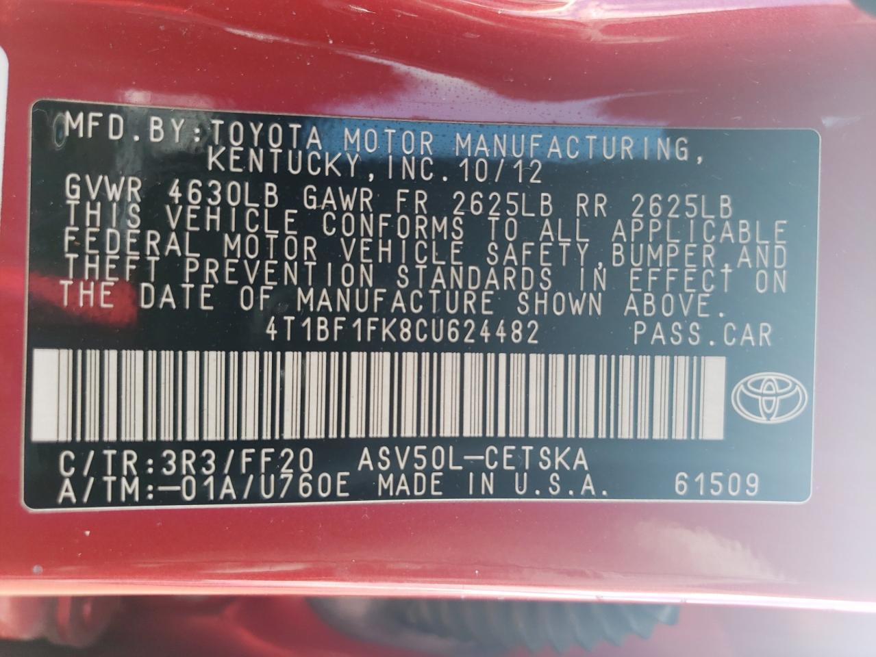 Photo 10 from auction – 2012 TOYOTA CAMRY BASE with VIN 4T1BF1FK8CU624482