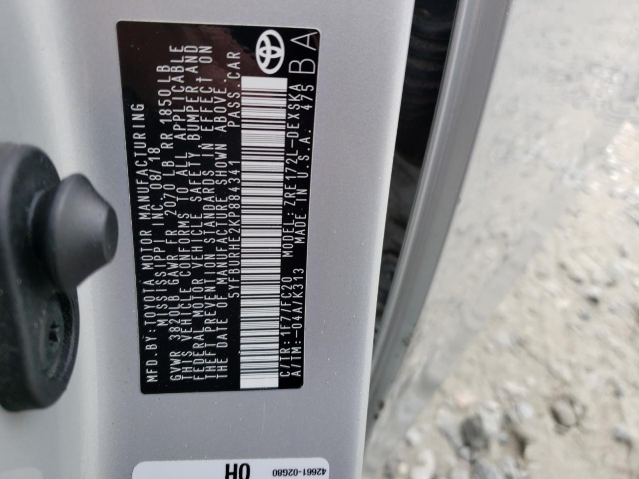 Photo 10 from auction – 2019 TOYOTA COROLLA L with VIN 5YFBURHE2KP884341