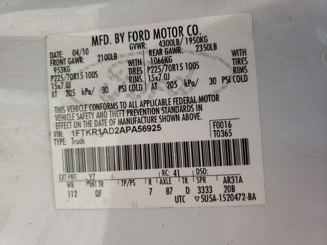 Photo 10 from auction – 2010 FORD RANGER with VIN 1FTKR1AD2APA56925