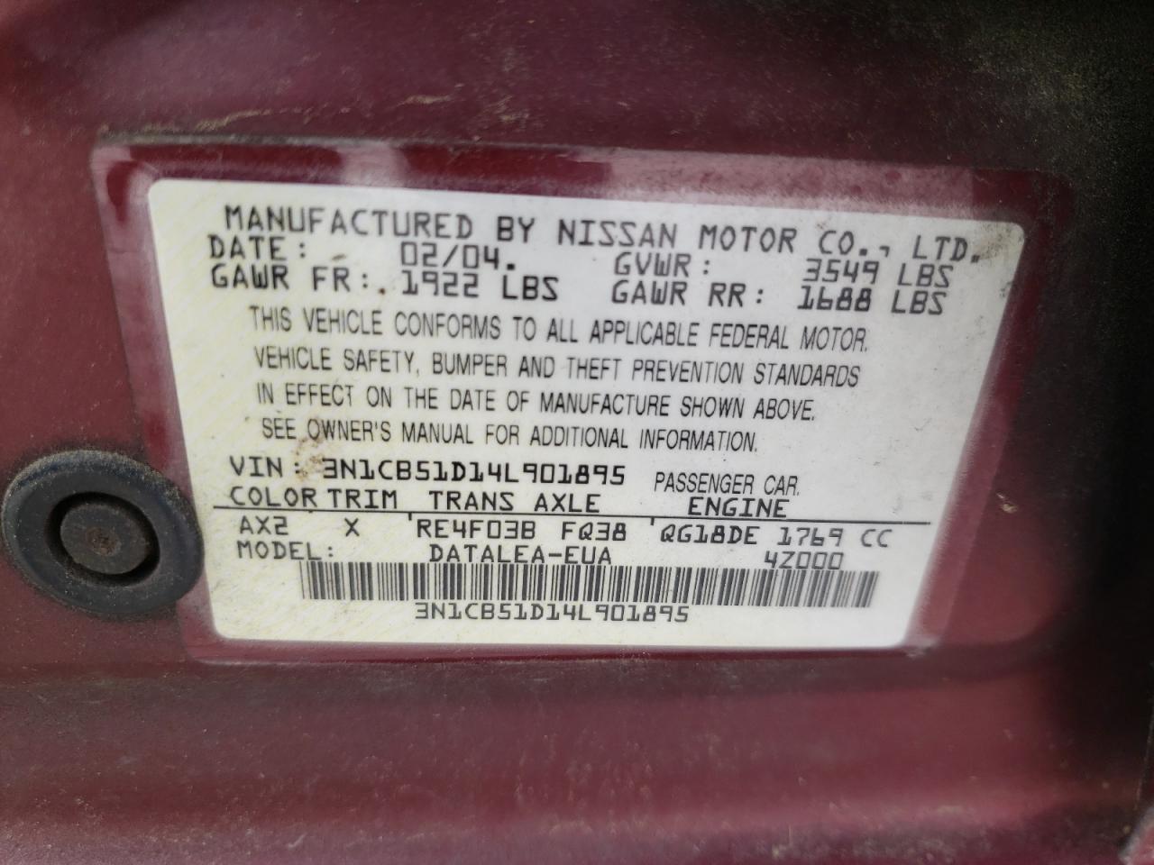 Photo 10 from auction – 2004 NISSAN SENTRA 1.8 with VIN 3N1CB51D14L901895