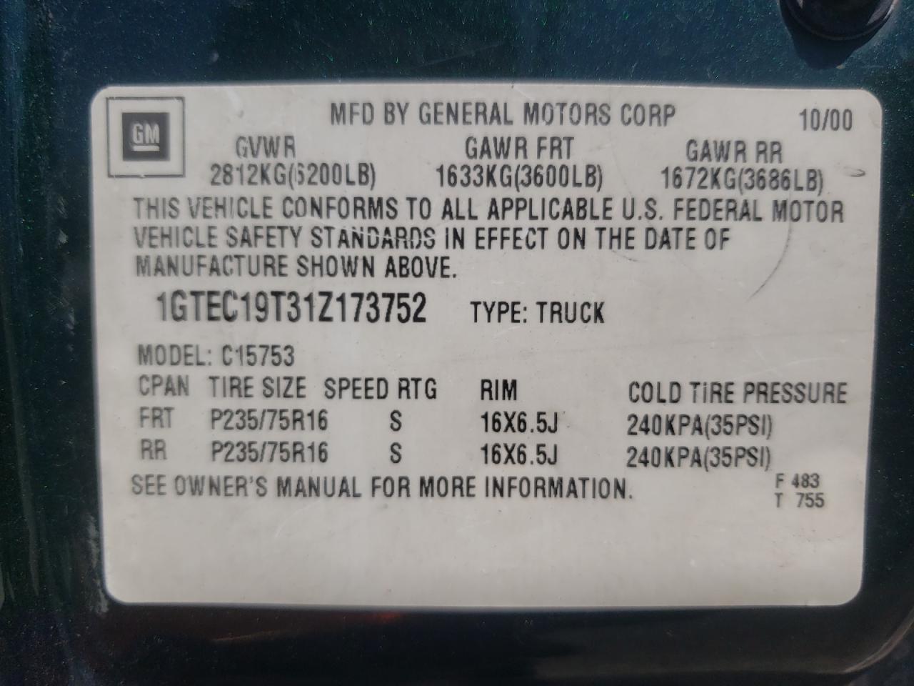 Photo 10 from auction – 2001 GMC SIERRA1500 with VIN 1GTEC19T31Z173752