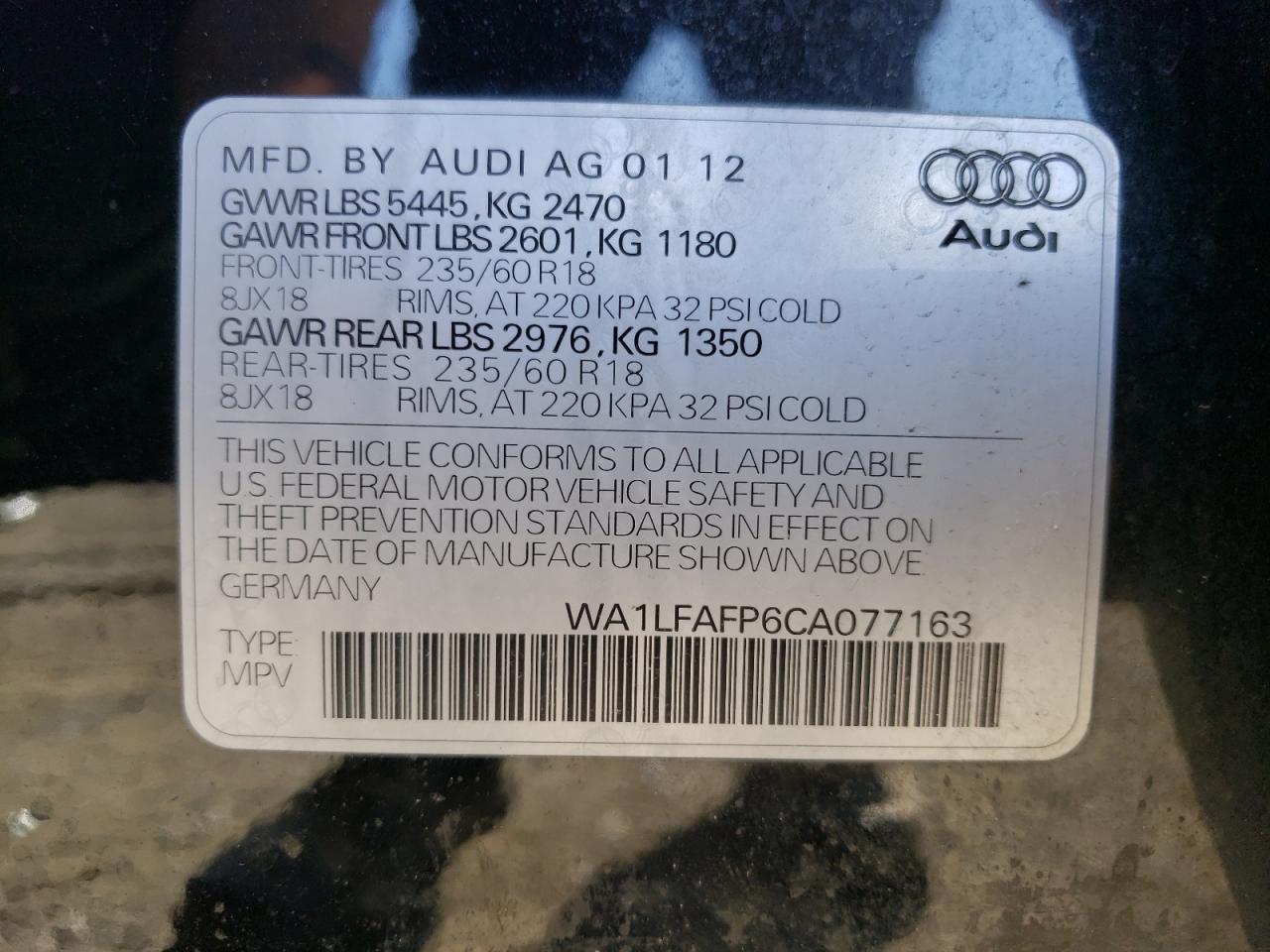 Photo 10 from auction – 2012 AUDI Q5 PREMIUM with VIN WA1LFAFP6CA077163