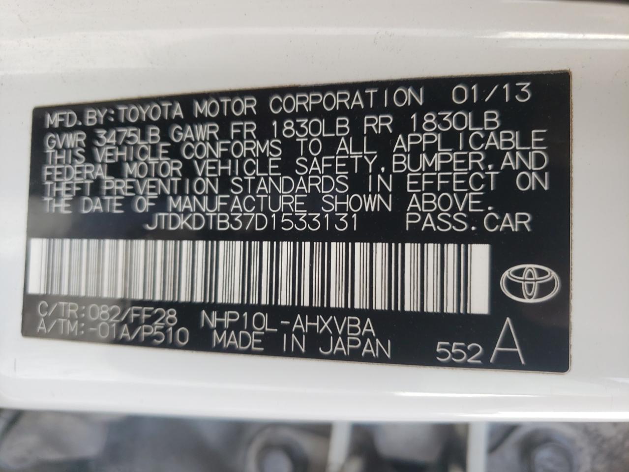 Photo 10 from auction – 2013 TOYOTA PRIUS C with VIN JTDKDTB37D1533131