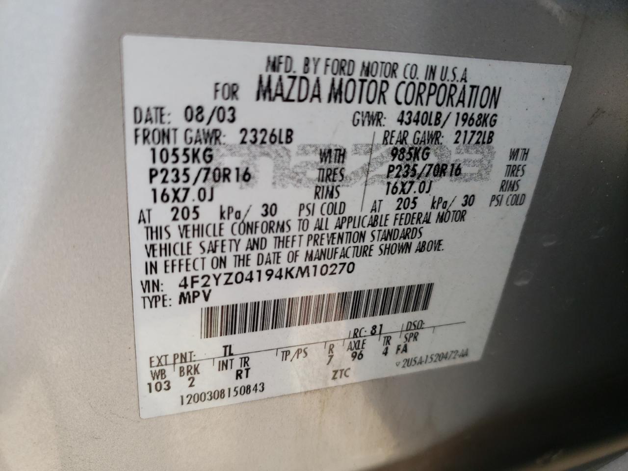 Photo 10 from auction – 2004 MAZDA TRIBUTE LX with VIN 4F2YZ04194KM10270