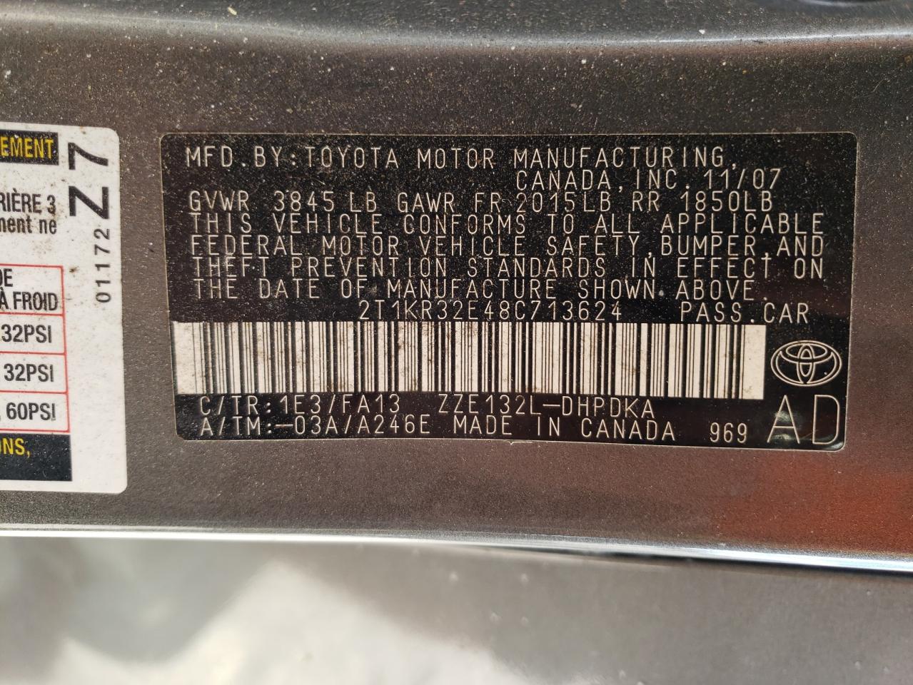 صورة رقم 20 من المزاد - 2008 TOYOTA COROLLA MA مع VIN 2T1KR32E48C713624