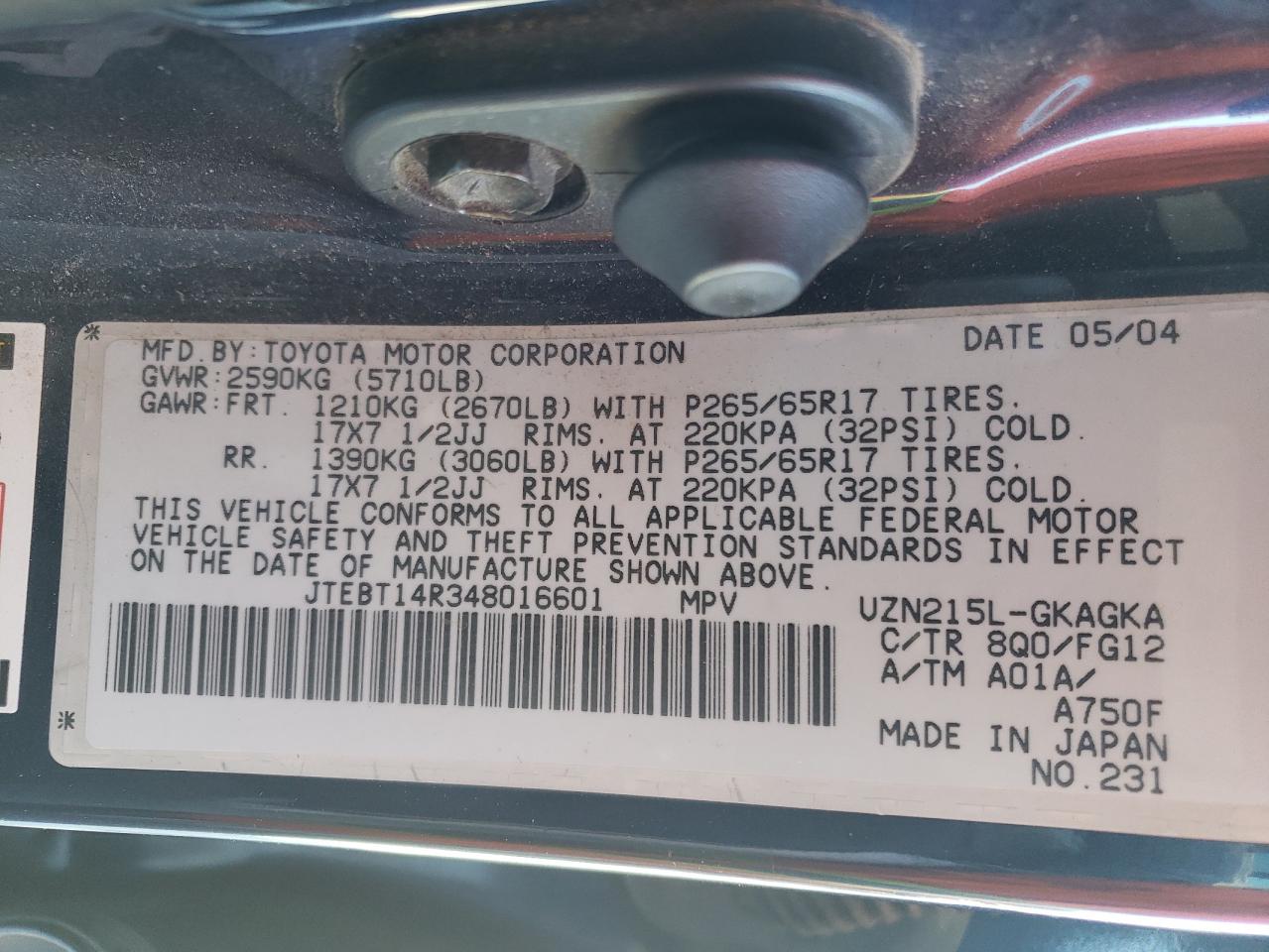 Photo 10 from auction – 2004 TOYOTA 4RUNNER SR with VIN JTEBT14R348016601