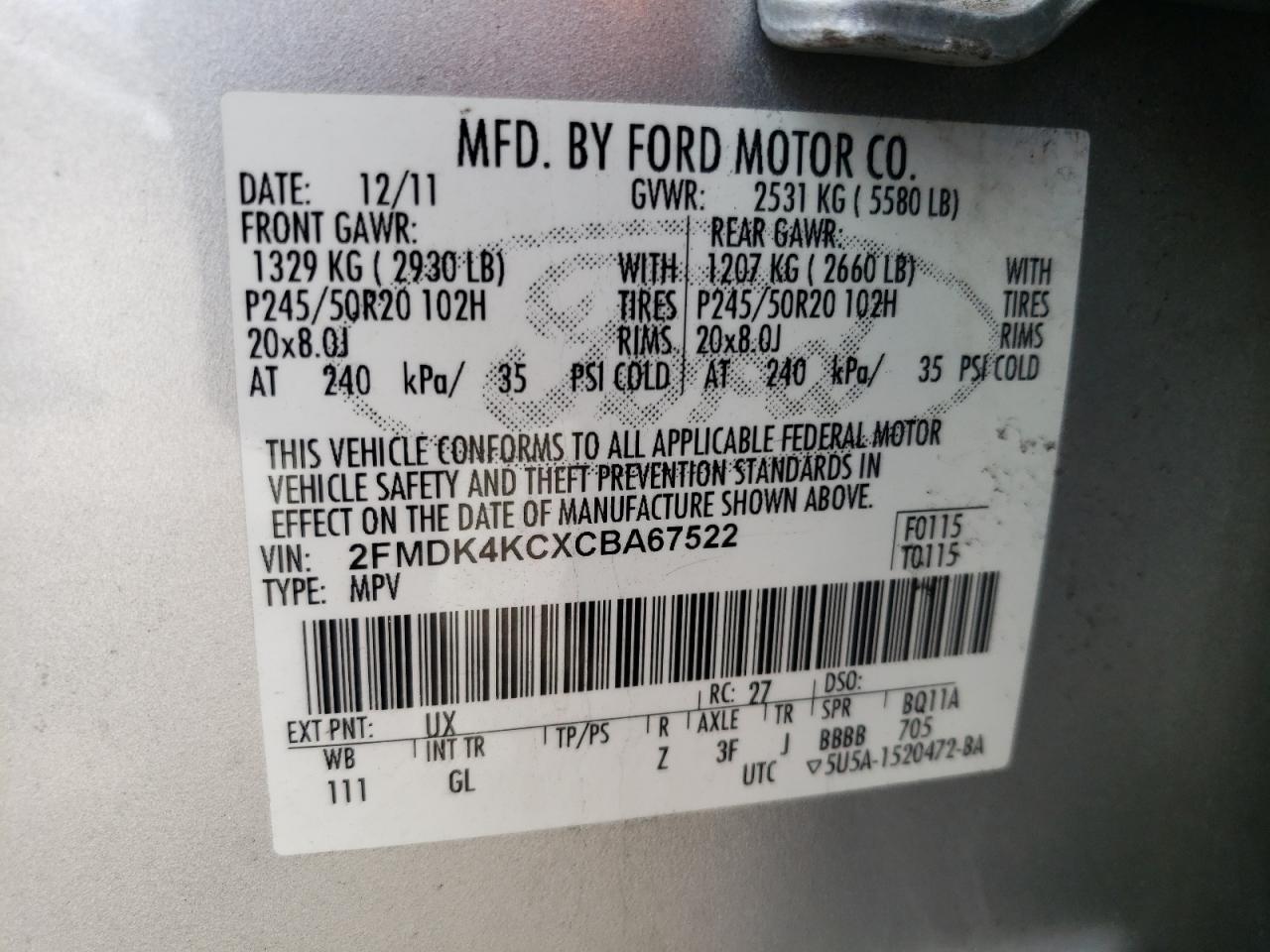 Photo 10 from auction – 2012 FORD EDGE LIMIT with VIN 2FMDK4KCXCBA67522