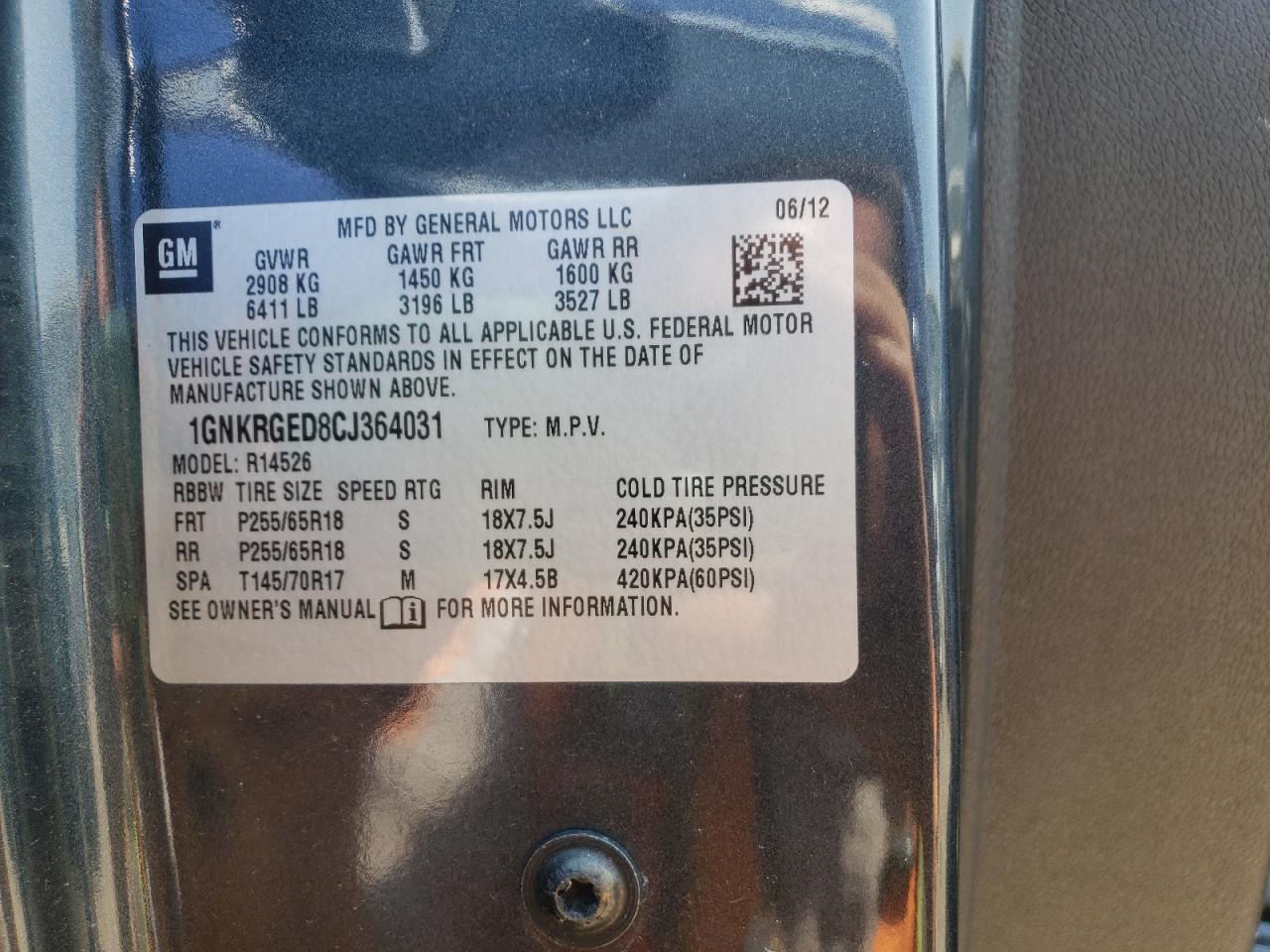 Photo 10 from auction – 2012 CHEVROLET TRAVERSE L with VIN 1GNKRGED8CJ364031