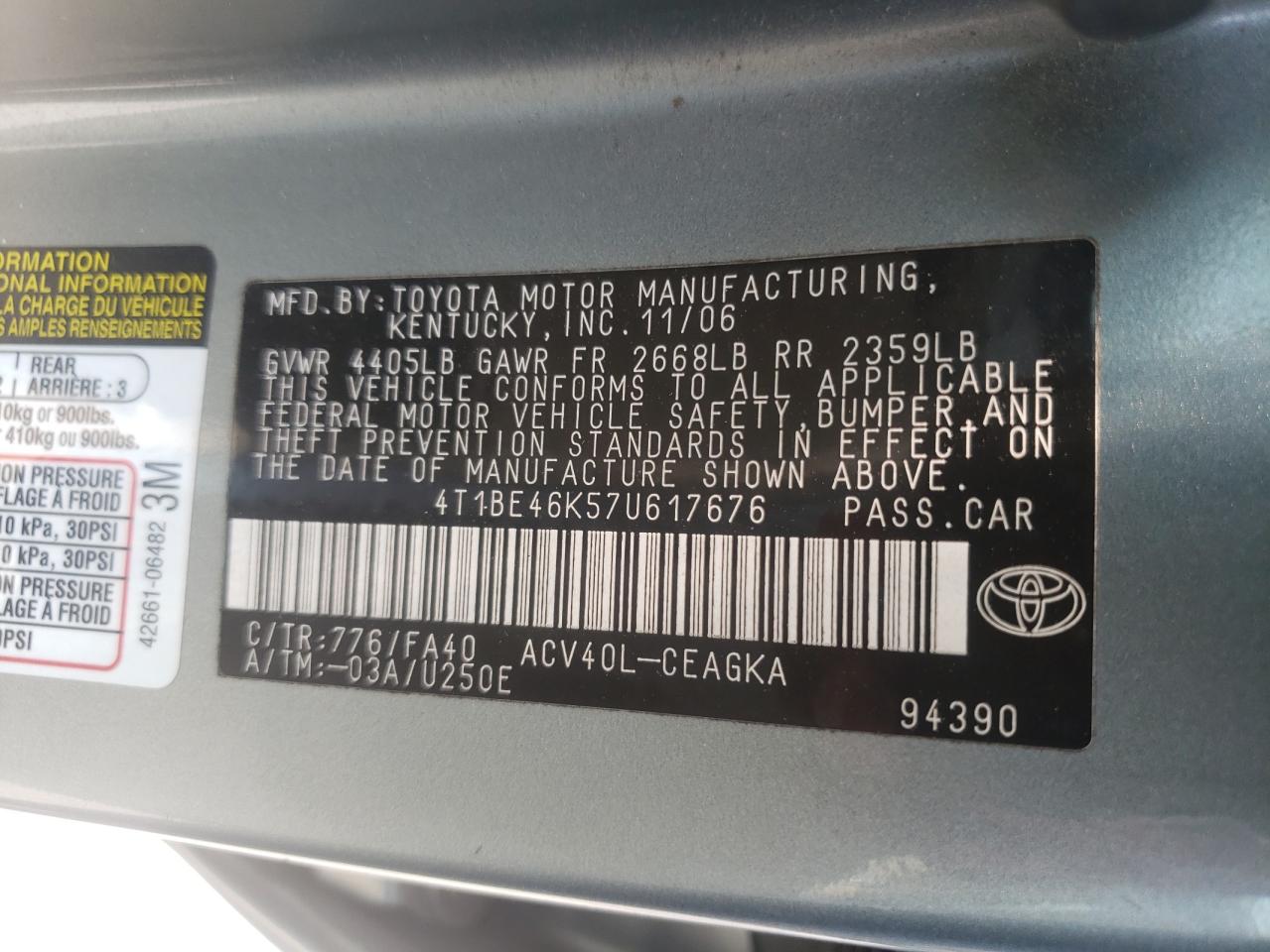 Photo 10 from auction – 2007 TOYOTA CAMRY CE with VIN 4T1BE46K57U617676