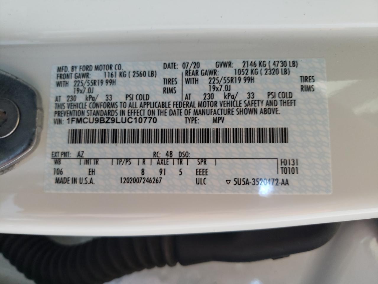 Photo 10 from auction – 2020 FORD ESCAPE SE with VIN 1FMCU9BZ9LUC10770
