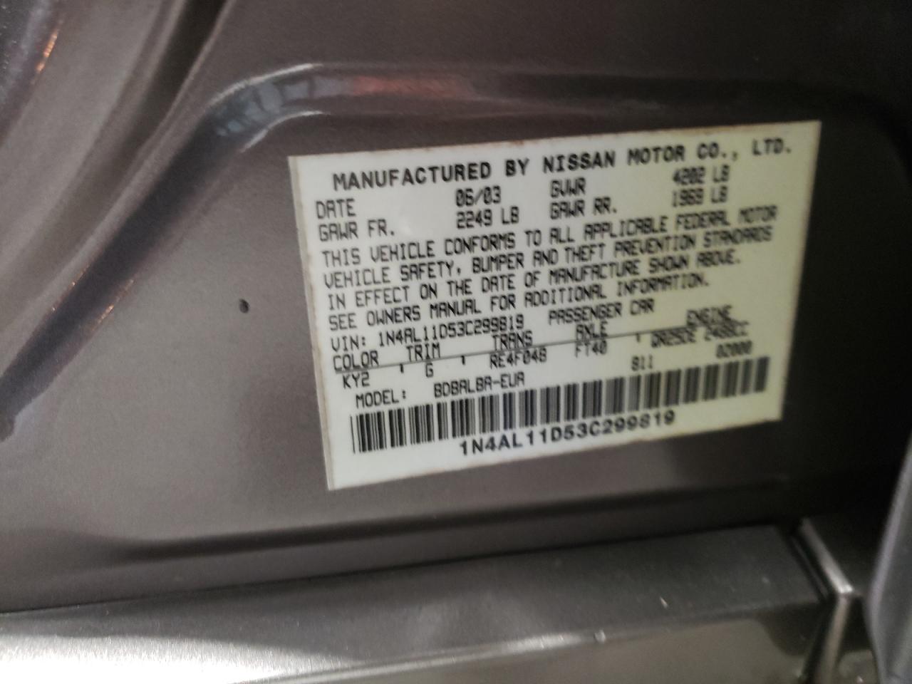 Photo 10 from auction – 2003 NISSAN ALTIMA BAS with VIN 1N4AL11D53C299819