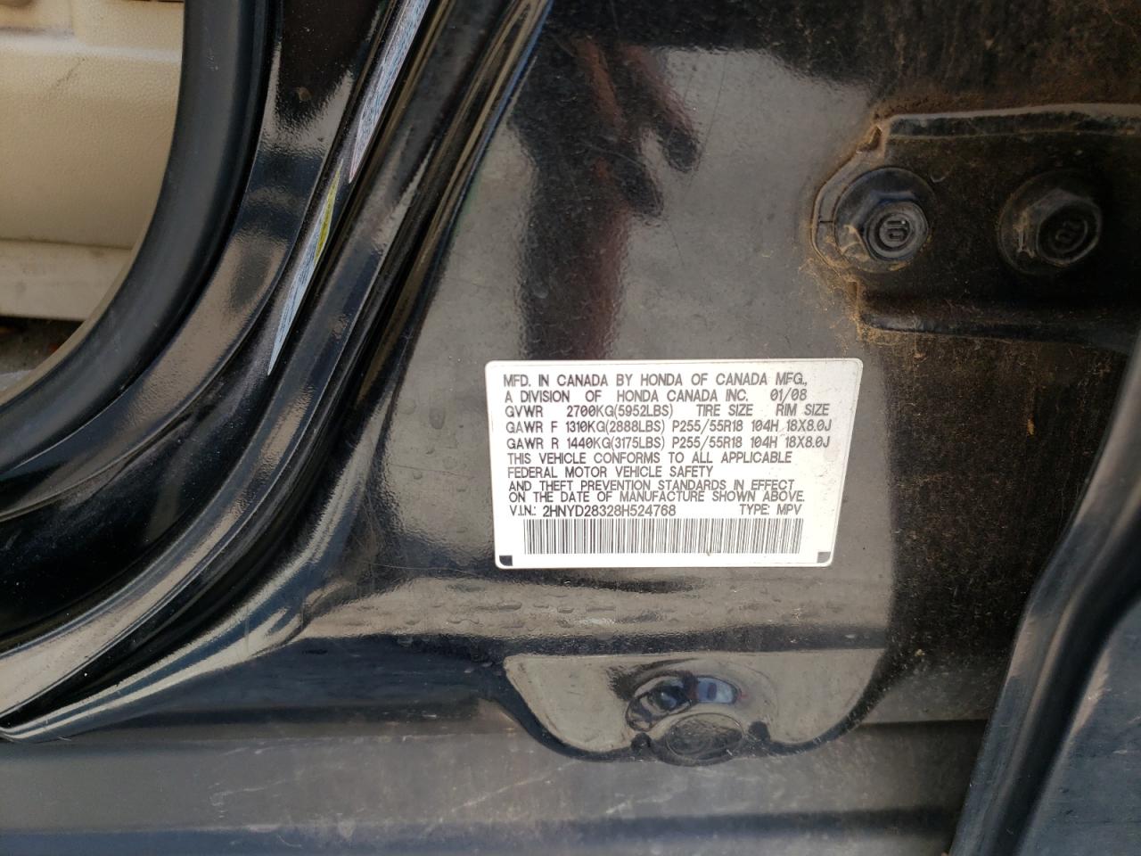 Photo 10 from auction – 2008 ACURA MDX TECHNO with VIN 2HNYD28328H524768