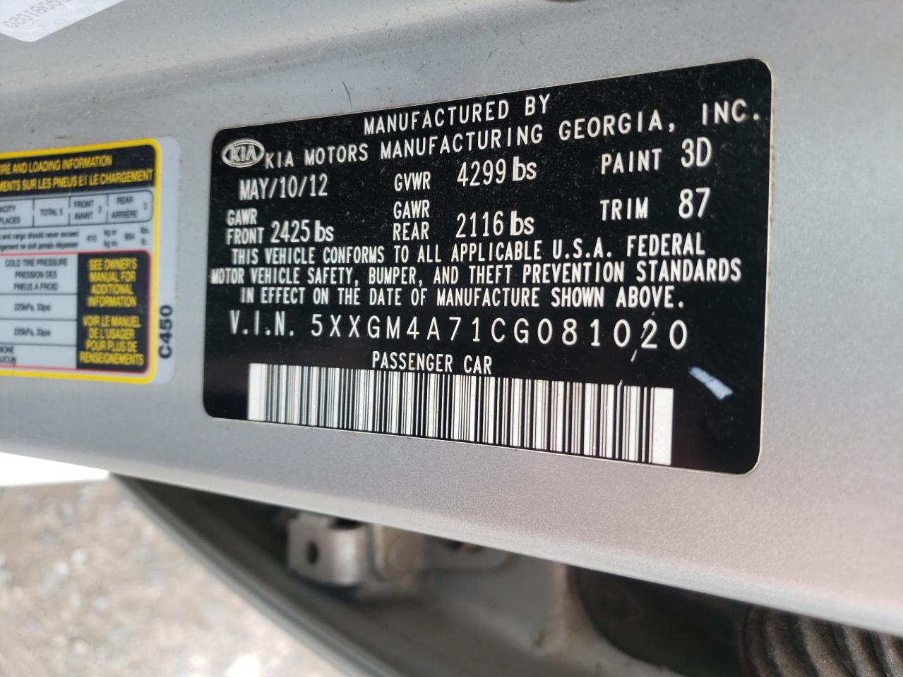 Photo 10 from auction – 2012 KIA OPTIMA LX with VIN 5XXGM4A71CG081020