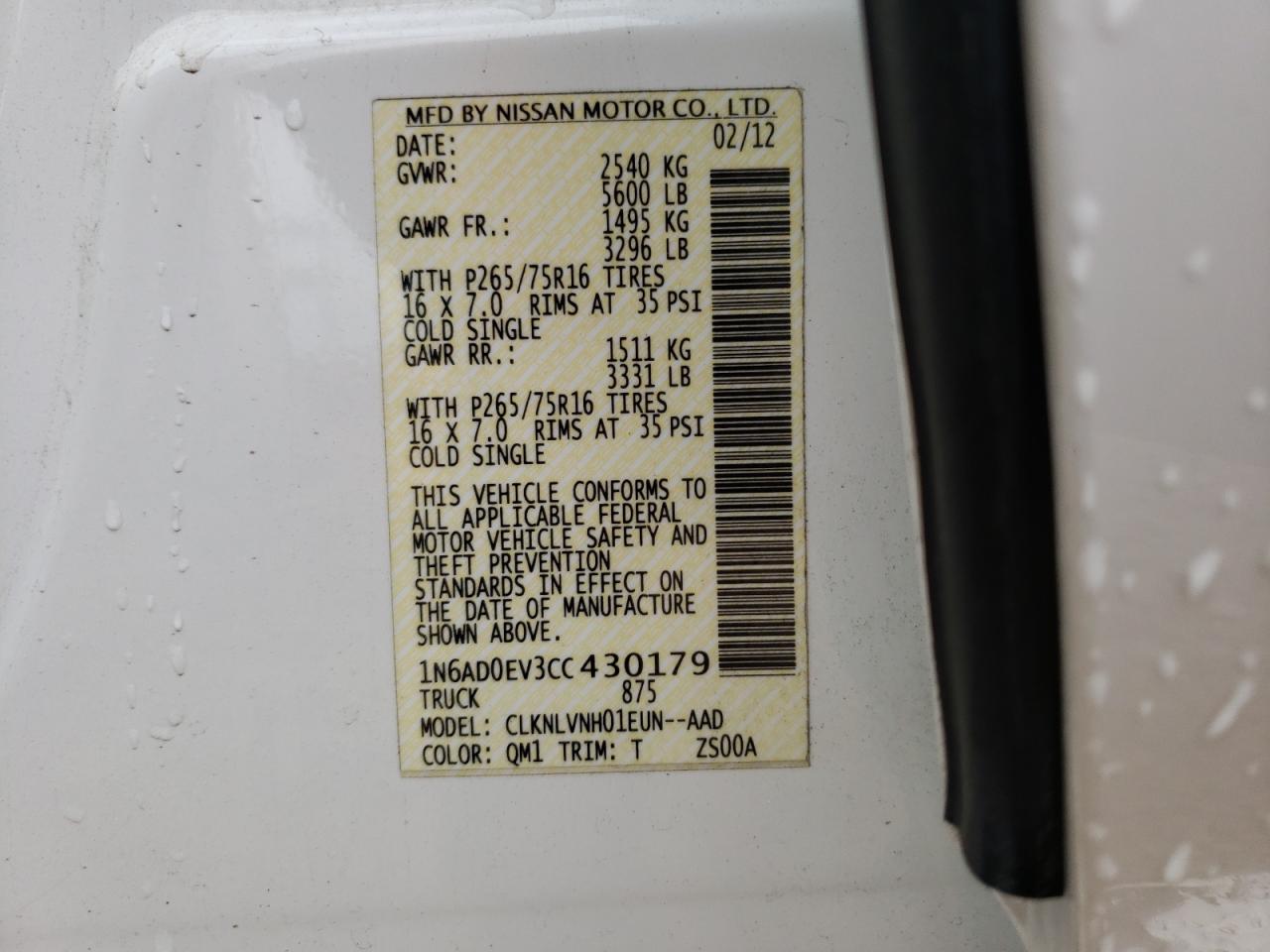 Photo 10 from auction – 2012 NISSAN FRONTIER S with VIN 1N6AD0EV3CC430179