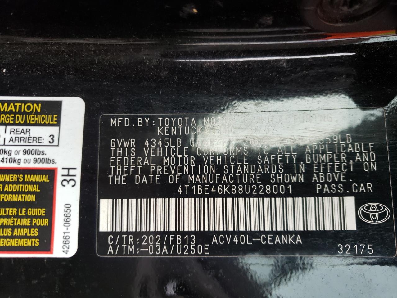Photo 10 from auction – 2008 TOYOTA CAMRY CE with VIN 4T1BE46K88U228001