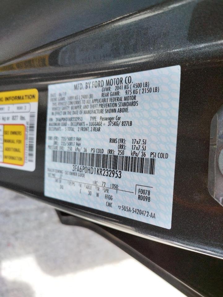 Photo 10 from auction – 2019 FORD FUSION SE with VIN 3FA6P0HD1KR232953