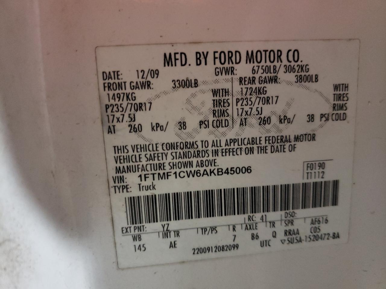 Photo 10 from auction – 2010 FORD F150 with VIN 1FTMF1CW6AKB45006