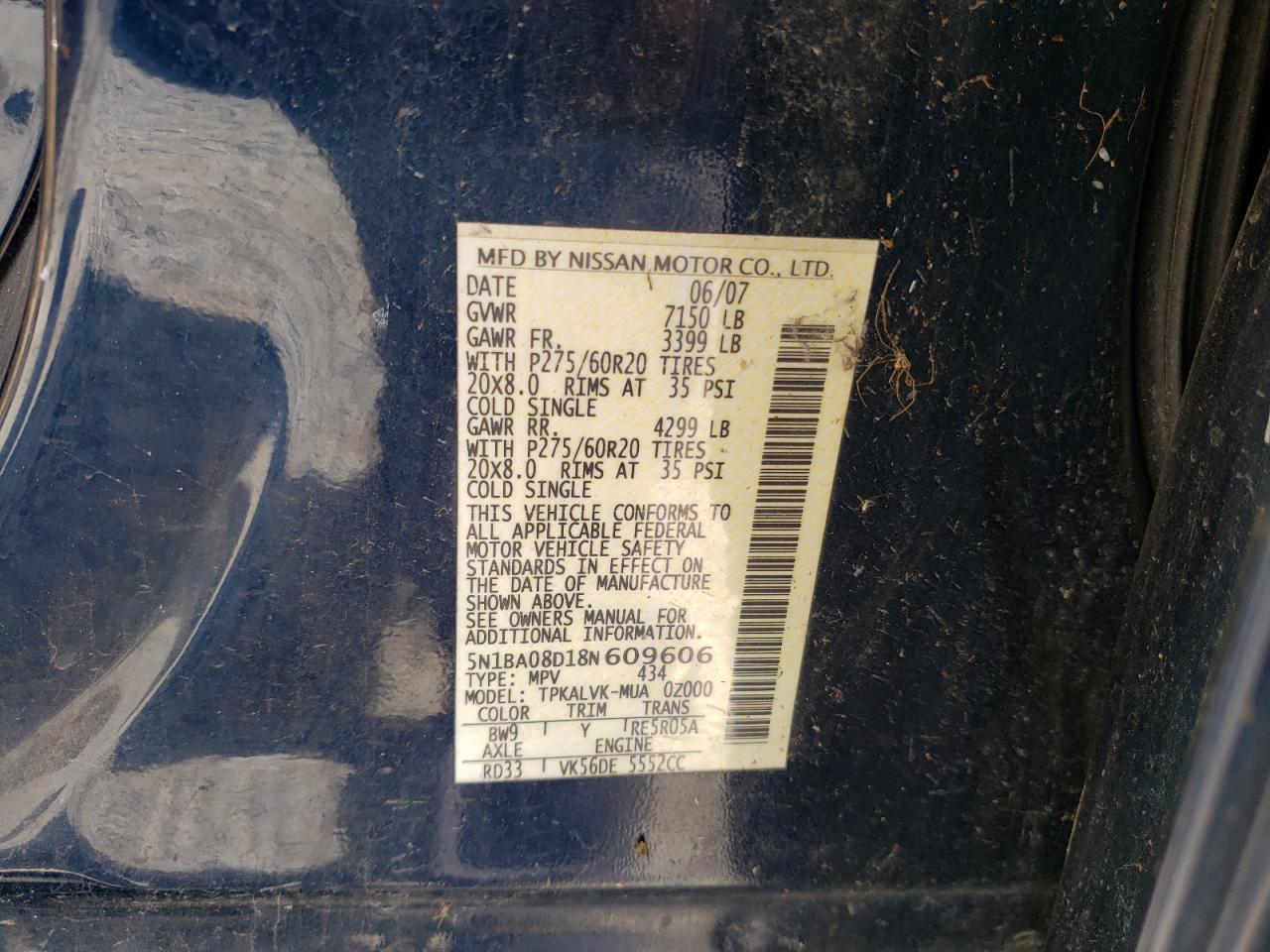 Photo 10 from auction – 2008 NISSAN ARMADA SE with VIN 5N1BA08D18N609606