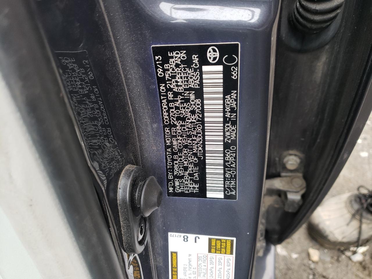 Photo 10 from auction – 2013 TOYOTA PRIUS with VIN JTDKN3DUXD1727008
