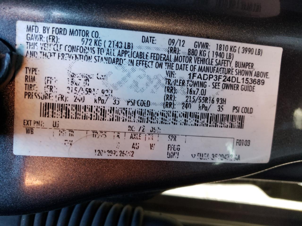 Photo 10 from auction – 2013 FORD FOCUS SE with VIN 1FADP3F24DL153689