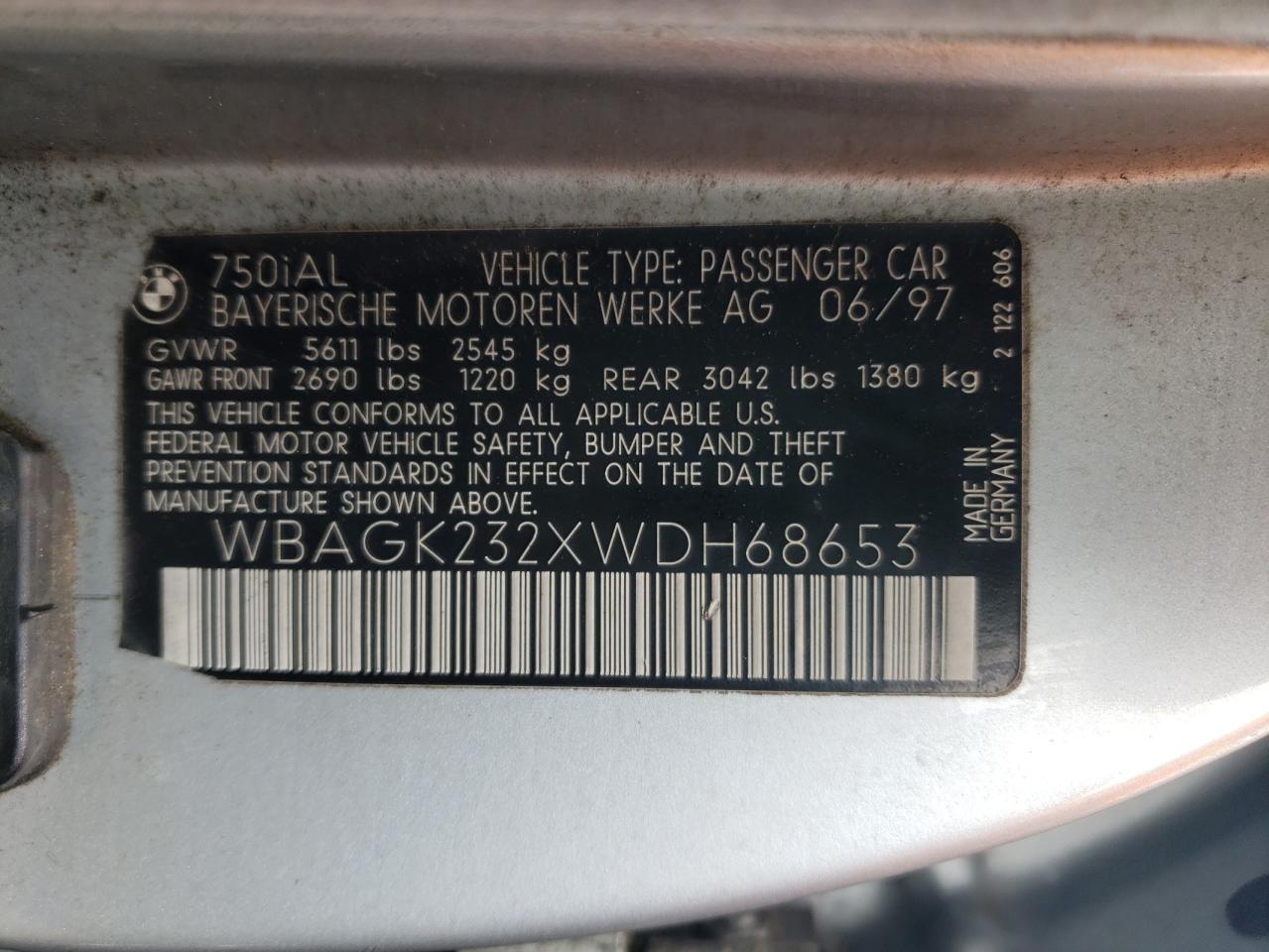 Photo 10 from auction – 1998 BMW 750 IL with VIN WBAGK232XWDH68653