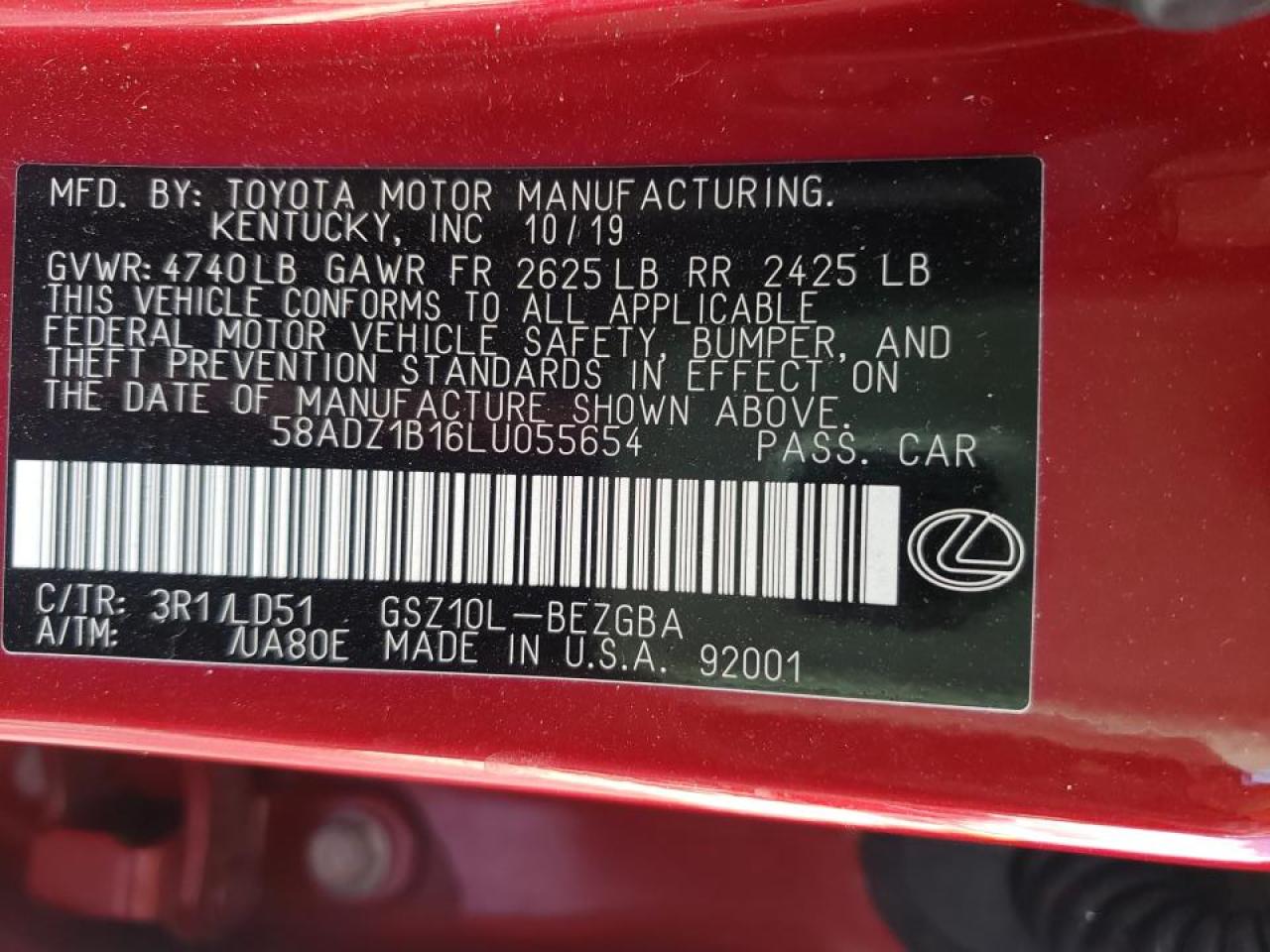 Photo 10 from auction – 2020 LEXUS ES 350 with VIN 58ADZ1B16LU055654