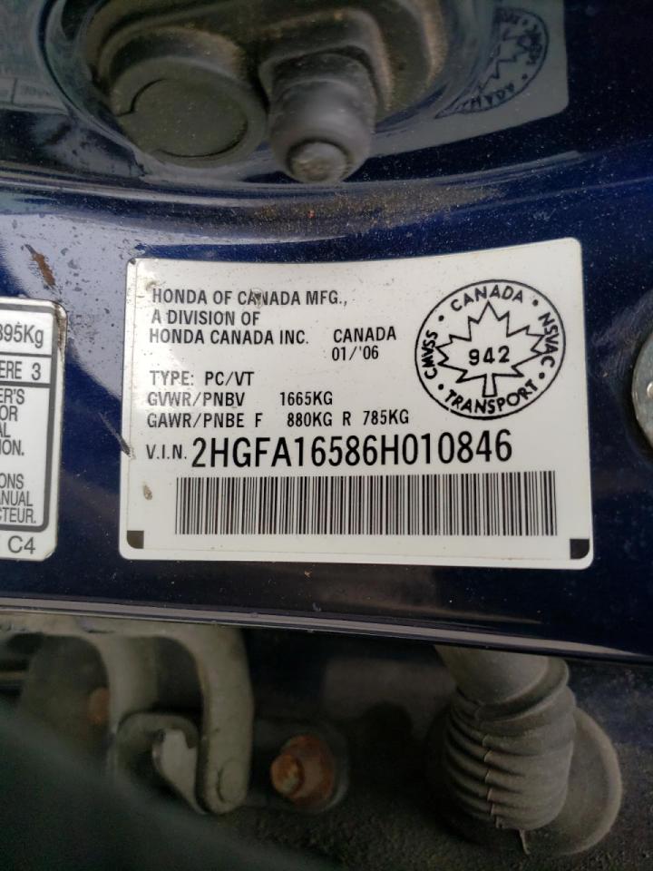 Photo 10 from auction – 2006 HONDA CIVIC LX with VIN 2HGFA16586H010846