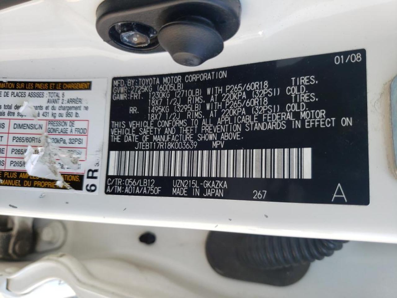Photo 10 from auction – 2008 TOYOTA 4RUNNER LI with VIN JTEBT17R18K003639