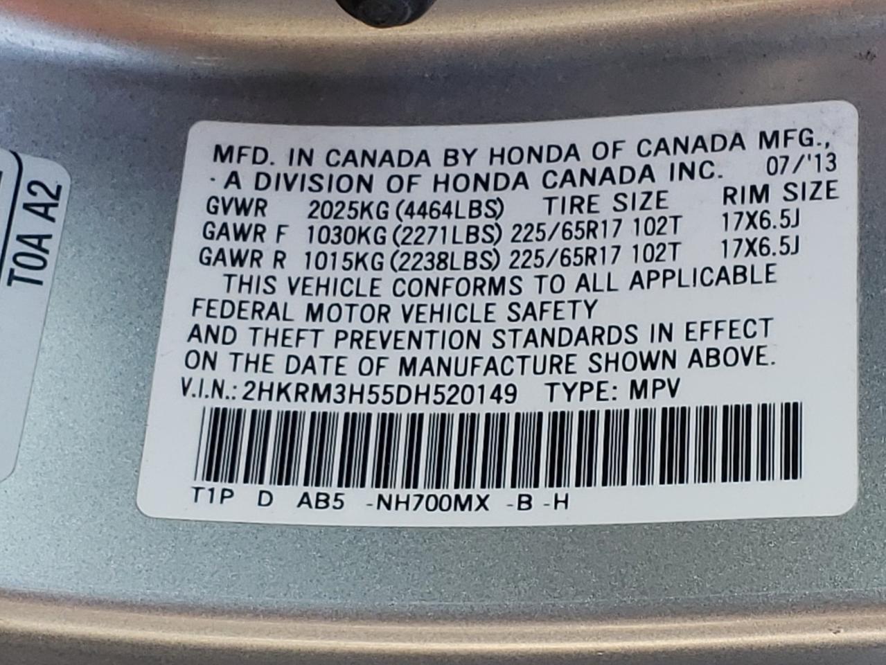 Photo 10 from auction – 2013 HONDA CR-V EX with VIN 2HKRM3H55DH520149