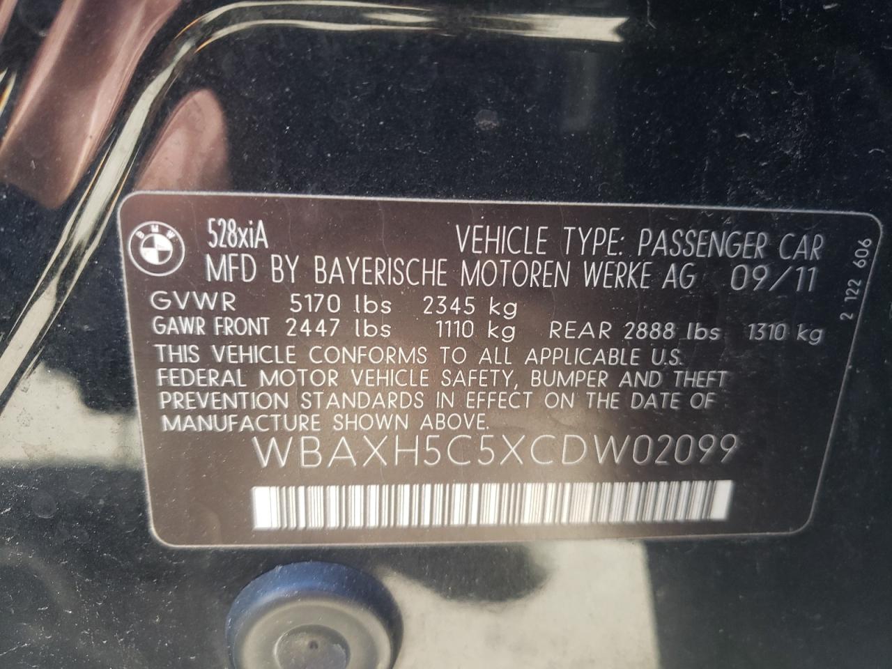 Photo 10 from auction – 2012 BMW 528 XI with VIN WBAXH5C5XCDW02099