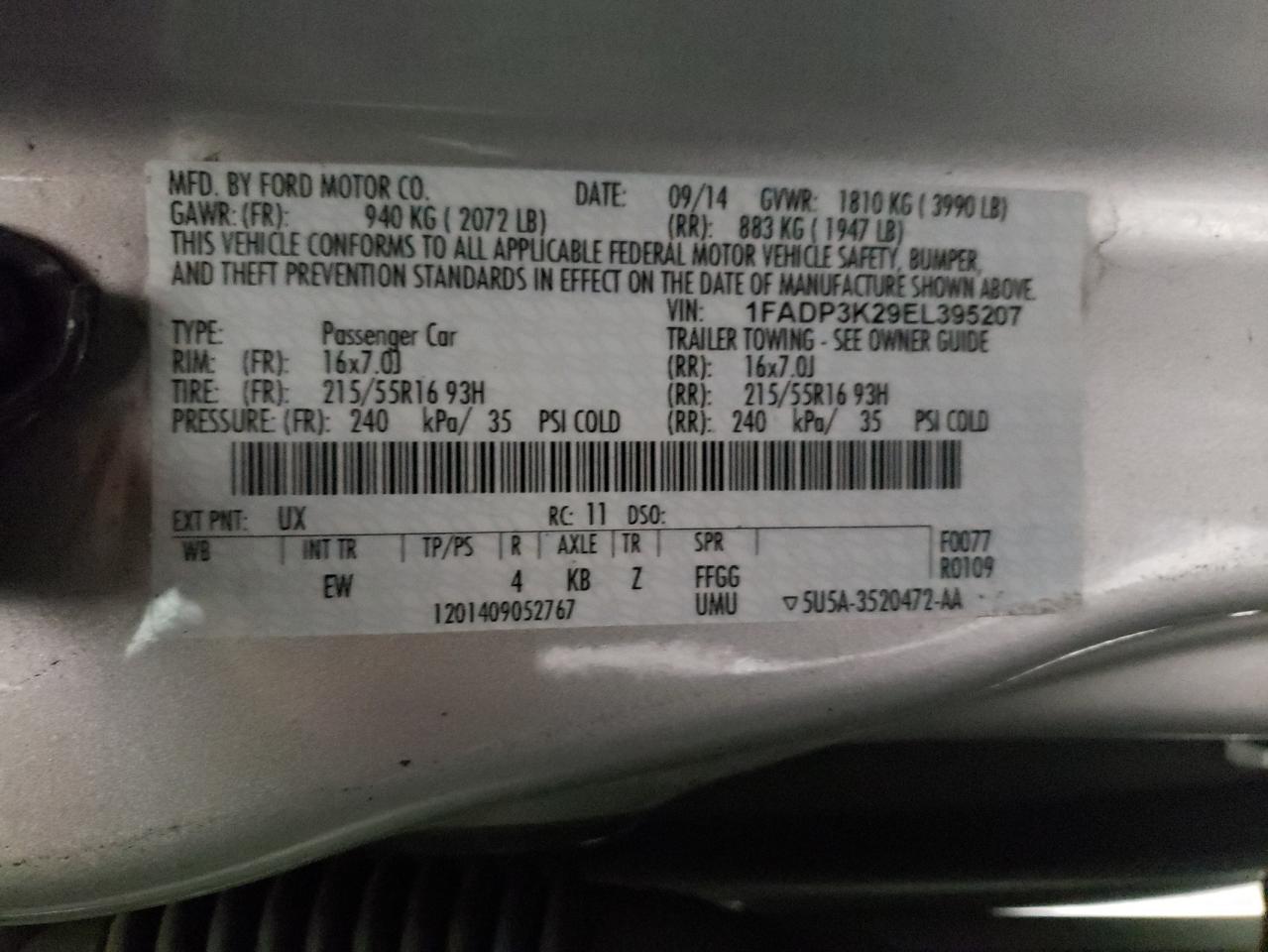Photo 10 from auction – 2014 FORD FOCUS SE with VIN 1FADP3K29EL395207