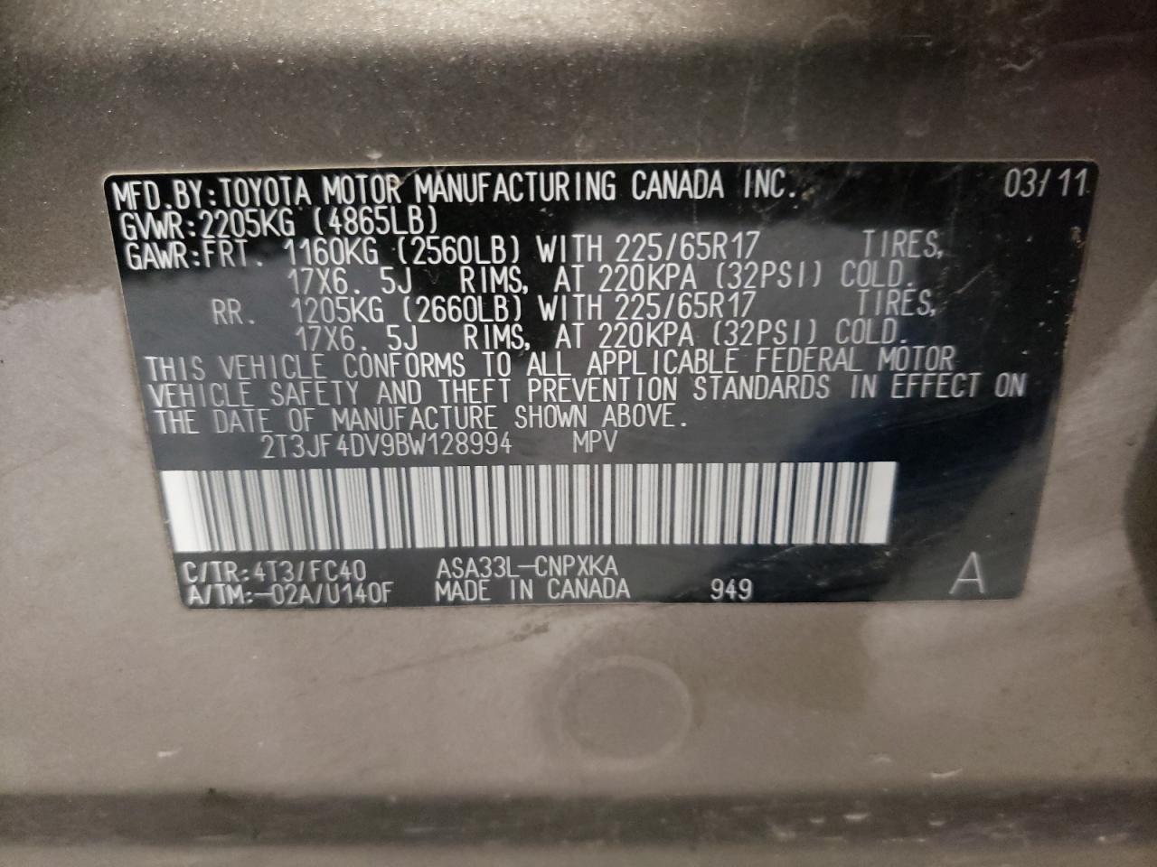 Photo 10 from auction – 2011 TOYOTA RAV4 with VIN 2T3JF4DV9BW128994