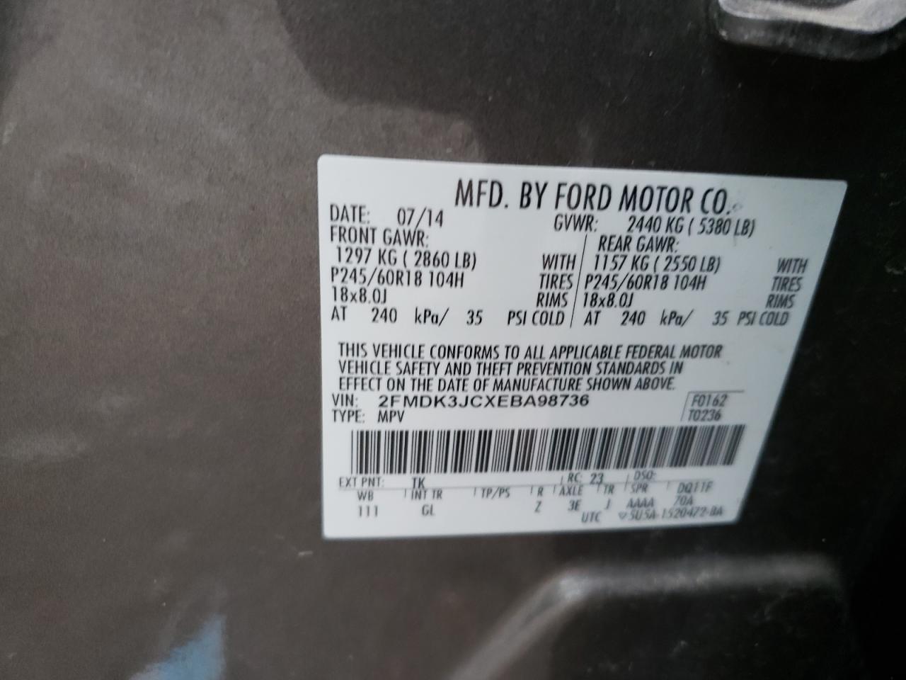 Photo 10 from auction – 2014 FORD EDGE SEL with VIN 2FMDK3JCXEBA98736