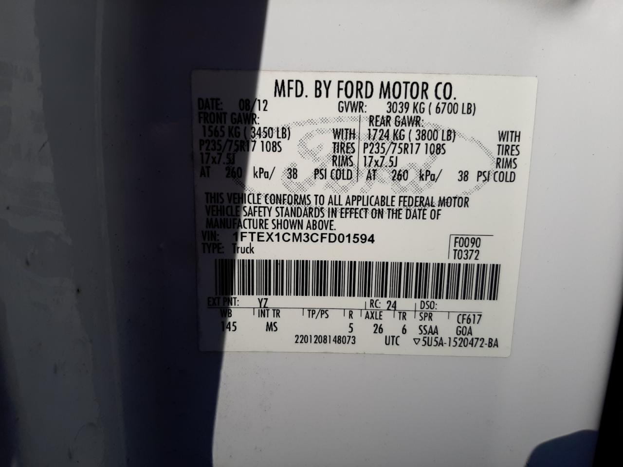 Photo 10 from auction – 2012 FORD F150 SUPER with VIN 1FTEX1CM3CFD01594