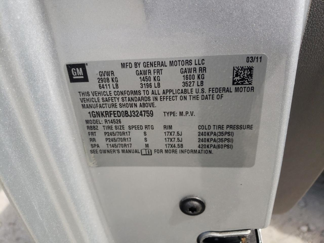 Photo 10 from auction – 2011 CHEVROLET TRAVERSE L with VIN 1GNKRFED0BJ324759