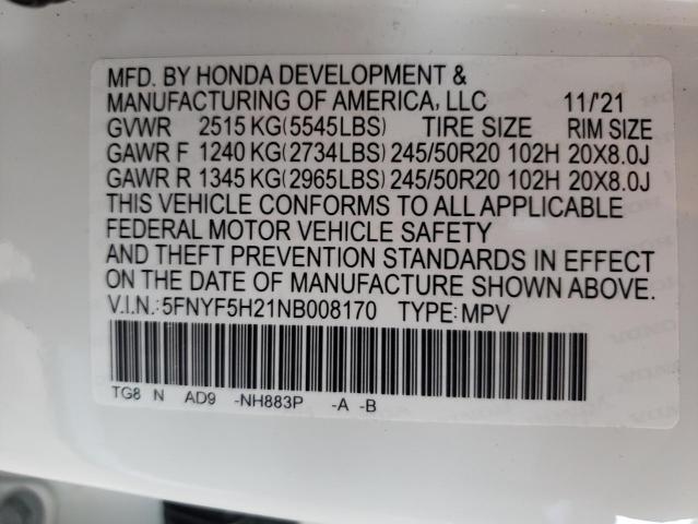 Photo 10 from auction – 2022 HONDA PILOT SE with VIN 5FNYF5H21NB008170