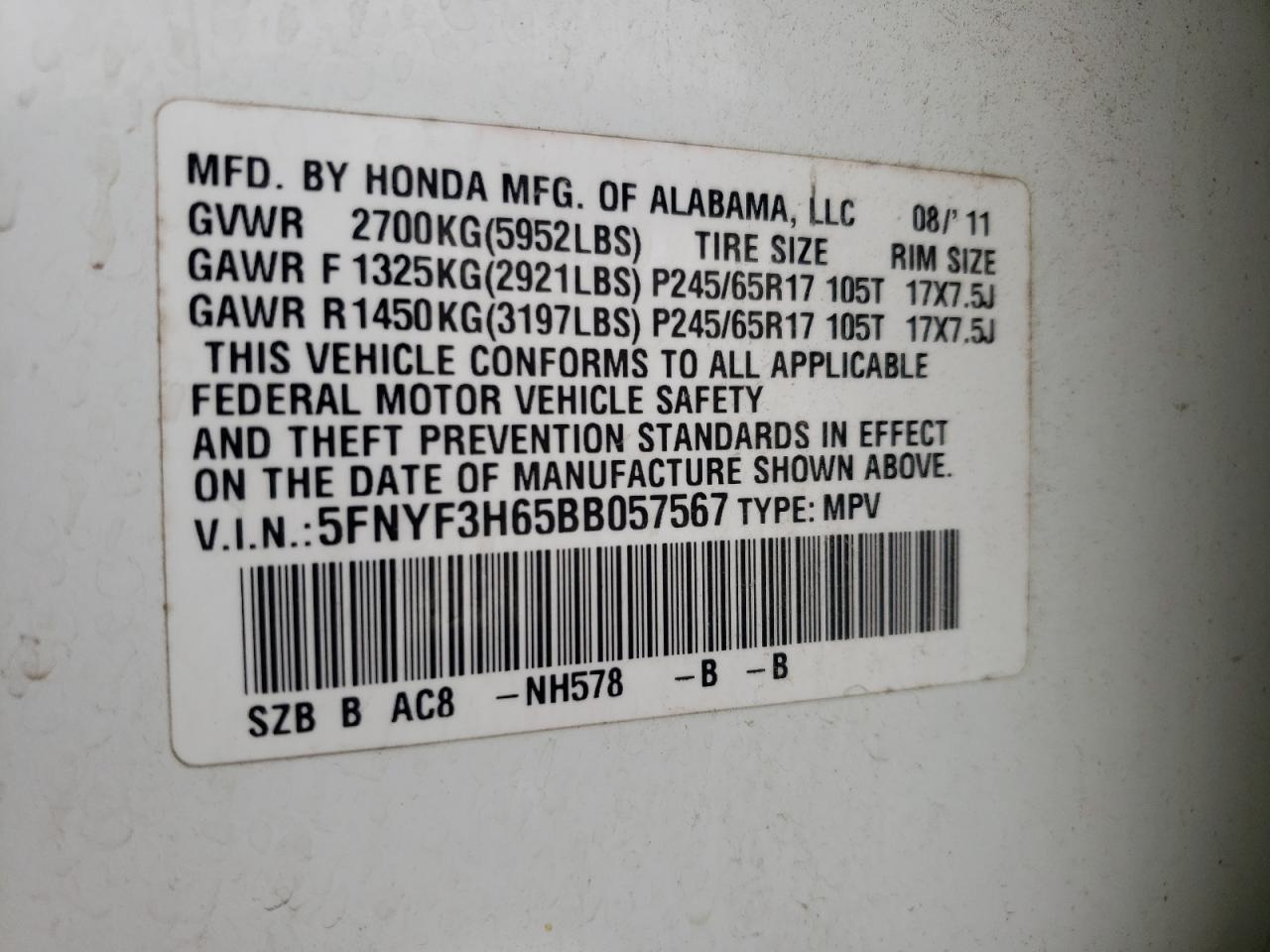 Photo 10 from auction – 2011 HONDA PILOT EXL with VIN 5FNYF3H65BB057567