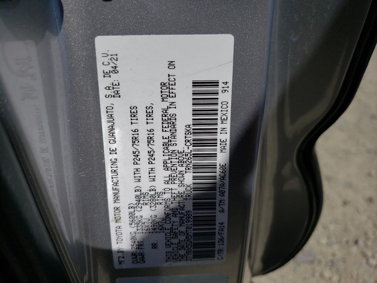Photo 10 from auction – 2021 TOYOTA TACOMA ACC with VIN 3TYRX5GN5MT019989