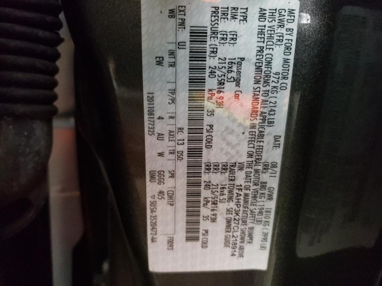 Photo 10 from auction – 2012 FORD FOCUS SE with VIN 1FAHP3K27CL218914