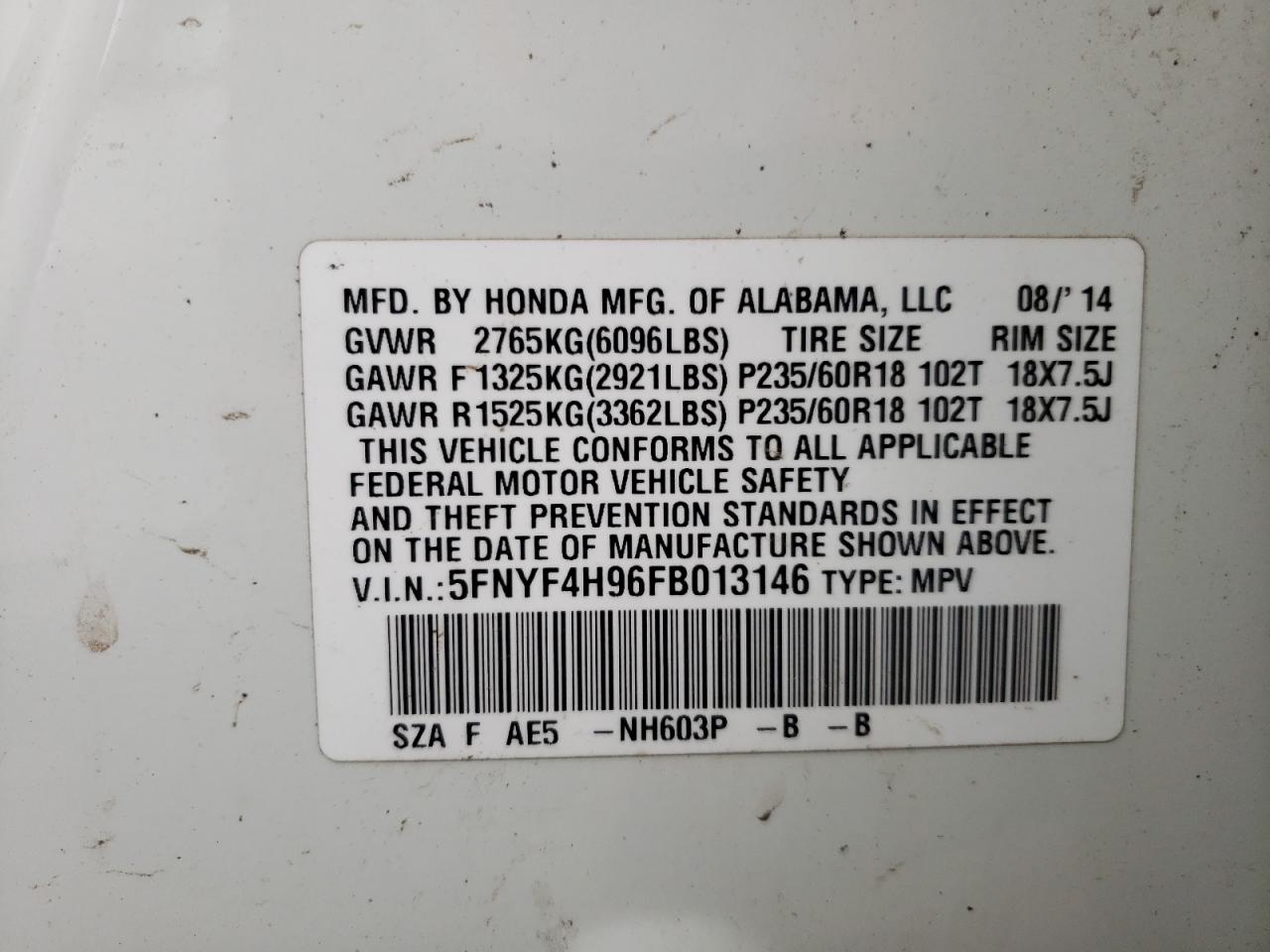 Photo 11 from auction – 2015 HONDA PILOT TOUR with VIN 5FNYF4H96FB013146