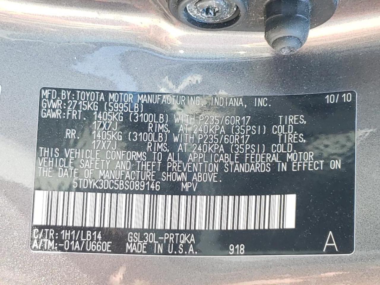 Photo 10 from auction – 2011 TOYOTA SIENNA XLE with VIN 5TDYK3DC5BS089146
