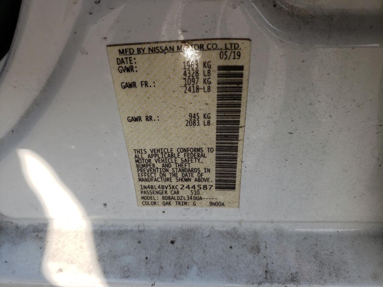 Photo 17 from auction – 2019 NISSAN ALTIMA S with VIN 1N4BL4BV5KC244587