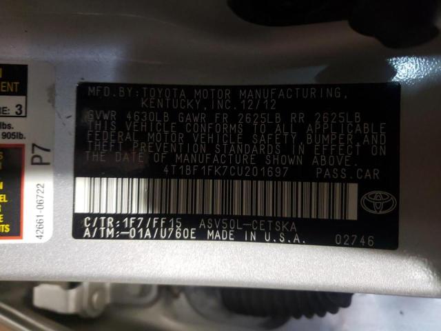 Photo 10 from auction – 2012 TOYOTA CAMRY BASE with VIN 4T1BF1FK7CU201697