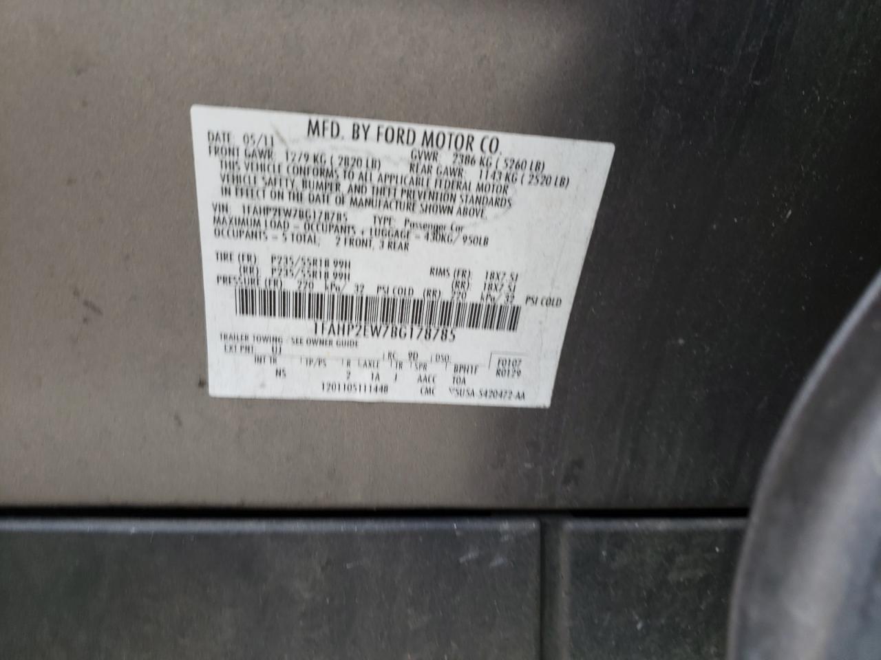 Photo 10 from auction – 2011 FORD TAURUS SEL with VIN 1FAHP2EW7BG178785