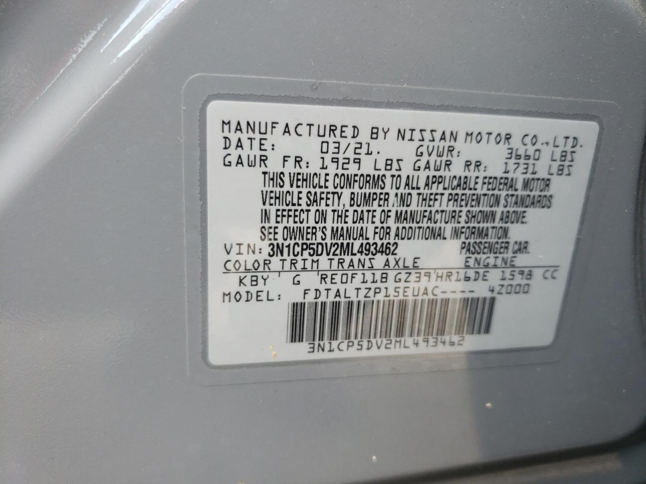 Photo 10 from auction – 2021 NISSAN KICKS SR with VIN 3N1CP5DV2ML493462