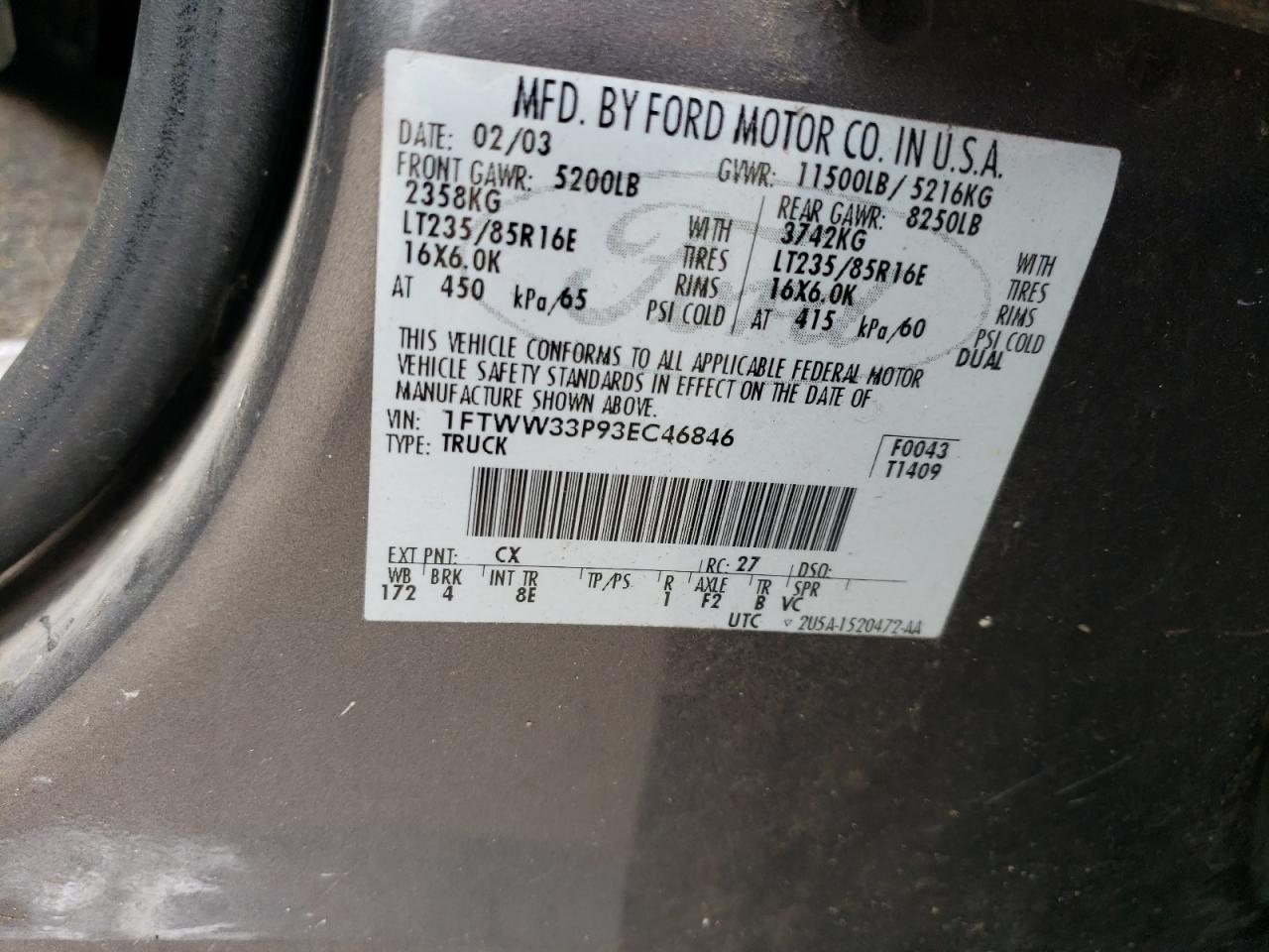 Photo 10 from auction – 2003 FORD F350 SUPER with VIN 1FTWW33P93EC46846
