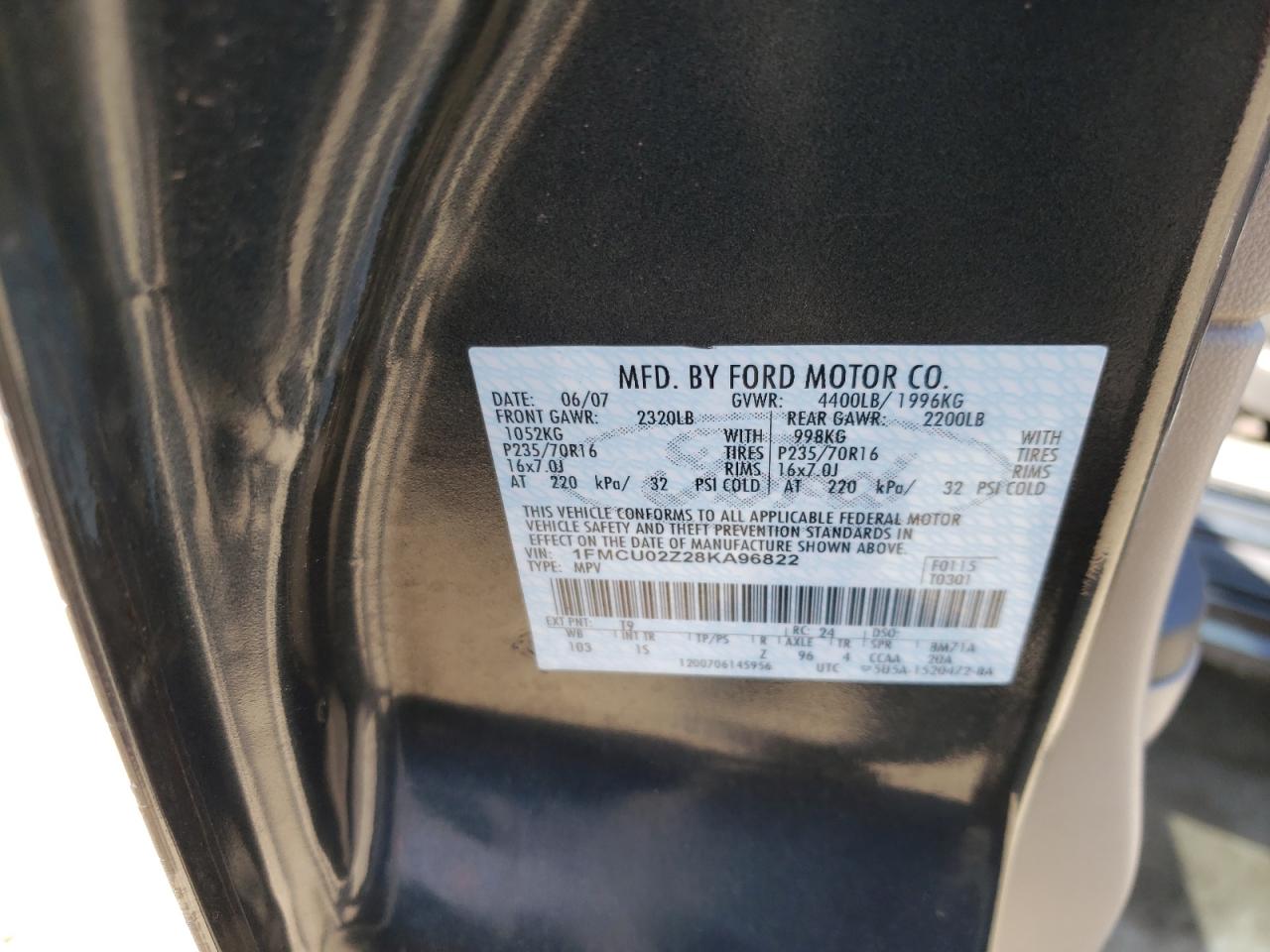 Photo 10 from auction – 2008 FORD ESCAPE XLS with VIN 1FMCU02Z28KA96822