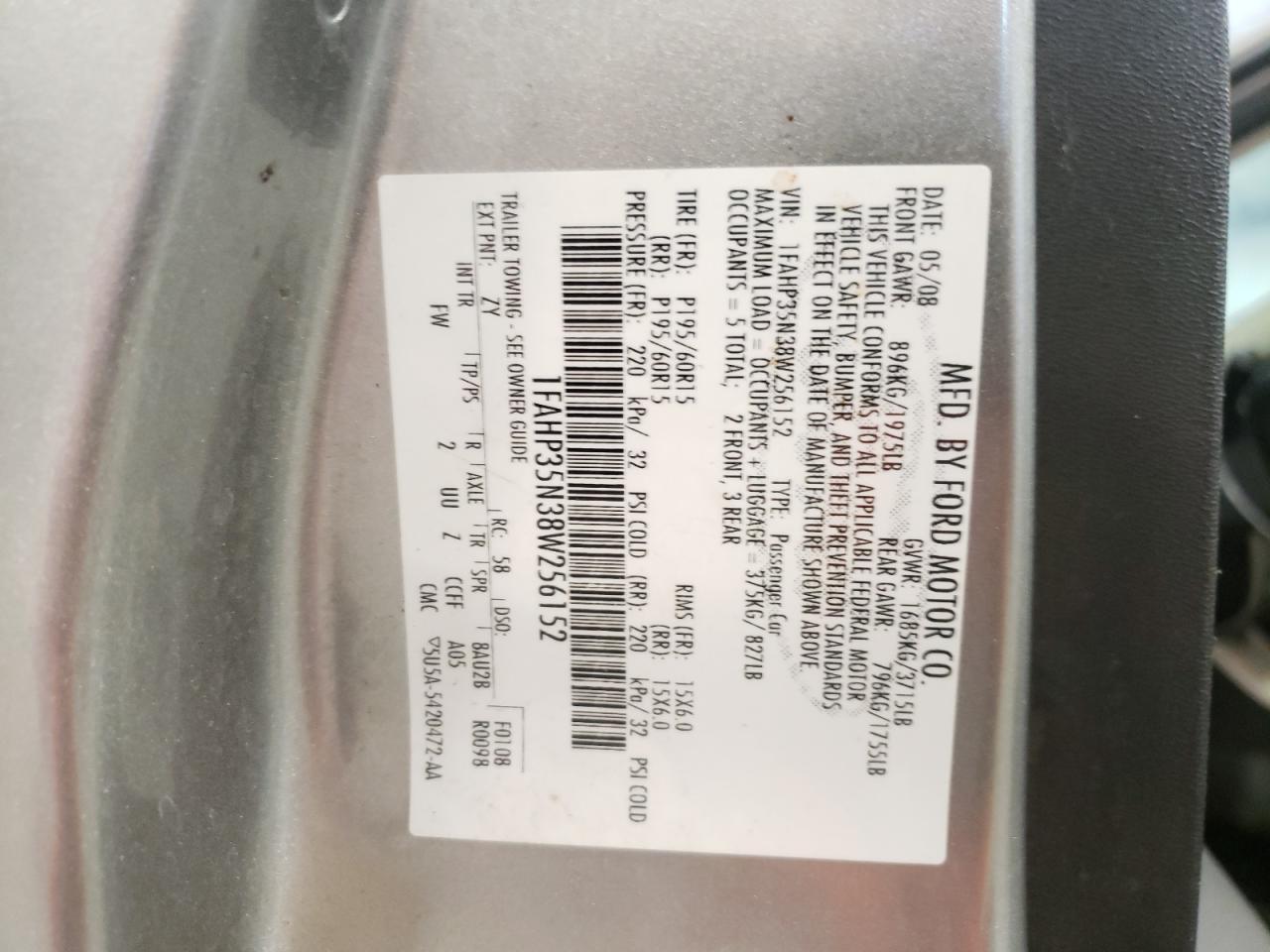 Photo 10 from auction – 2008 FORD FOCUS SE with VIN 1FAHP35N38W256152